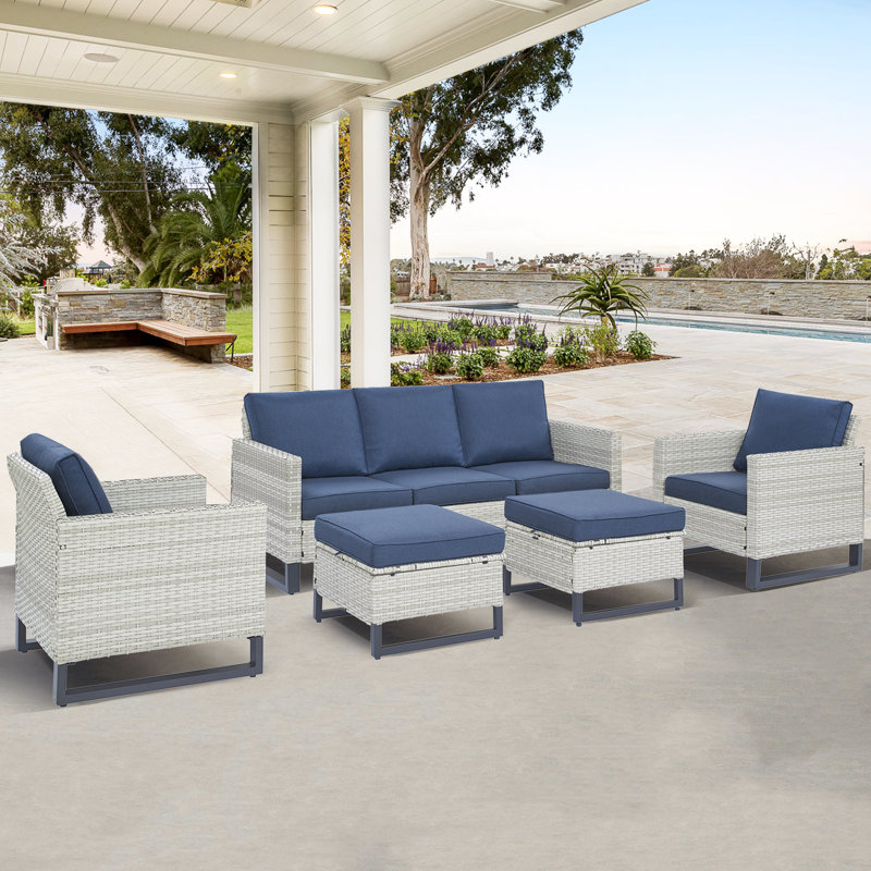 Ingvald Wicker 5 - Person Patio Conversation Set with Cushions, Dark Blue