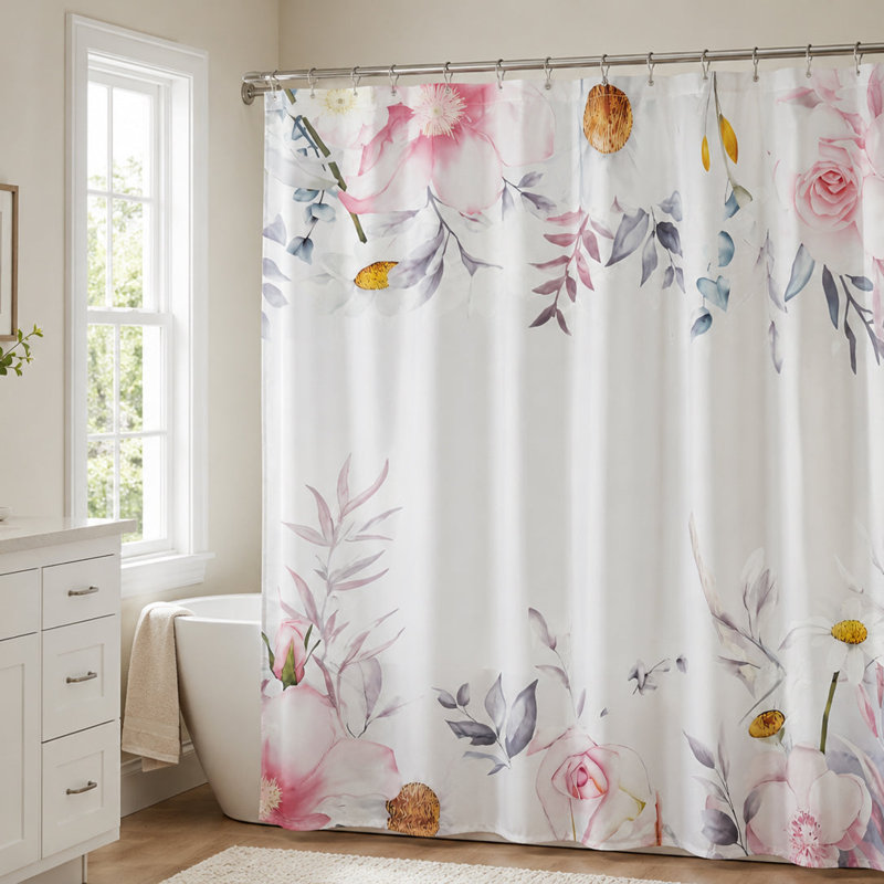 Rideau de douche en tissu à motif floral rose et blanc, 180 x 180 cm, avec 12 anneaux en plastique.