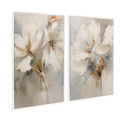 Abstract Botanical Floral Linen Painting 1 and 2 by The Creative Bunch Studio Framed Canvas Wall Art Set