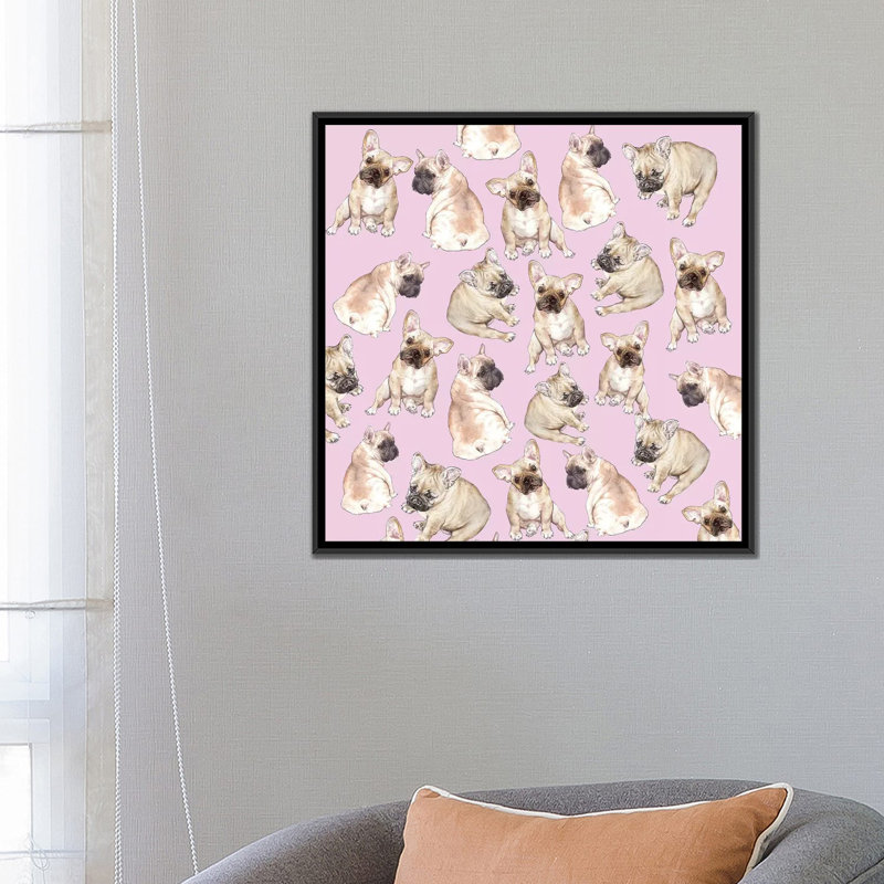 Blonde Frenchies On Pink - Print, 18" H x 18" W x 1.5" D, Black Floater Framed Canvas, No Mat
