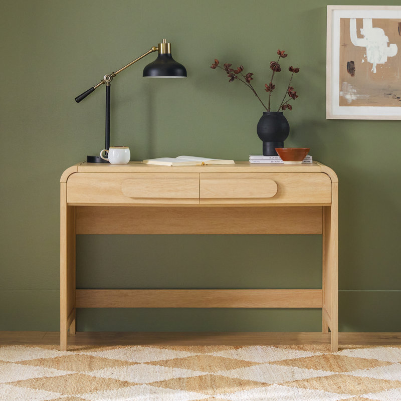 Sitarski Transitional Curved Waterfall 2-Drawer Writing Desk, Coastal Oak