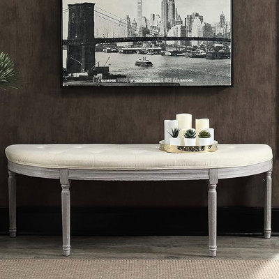 Banc côtier à boutons beige avec pattes gris patiné, s'adapte au mur encastré dans les chambres ou les couloirs, nettoyable par endroits décalés, conception américaine, capitonnage à 20 hauteurs et idéal pour les vestibules, facile à nettoyer.