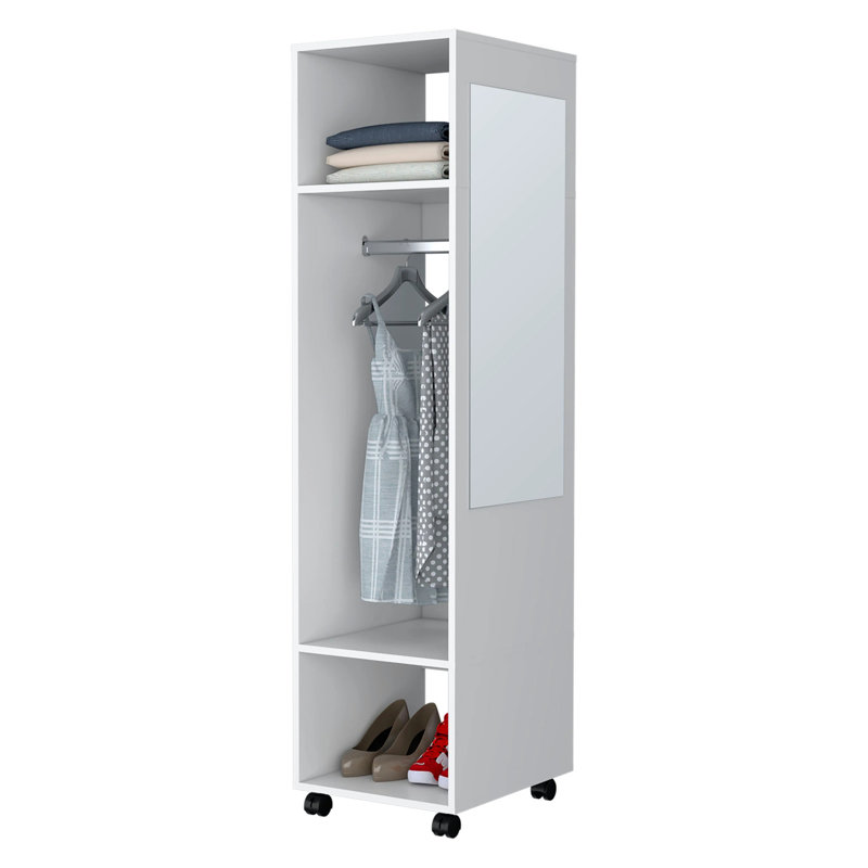 3-Shelf Wardrobe with Mirror and Open Storage, White
