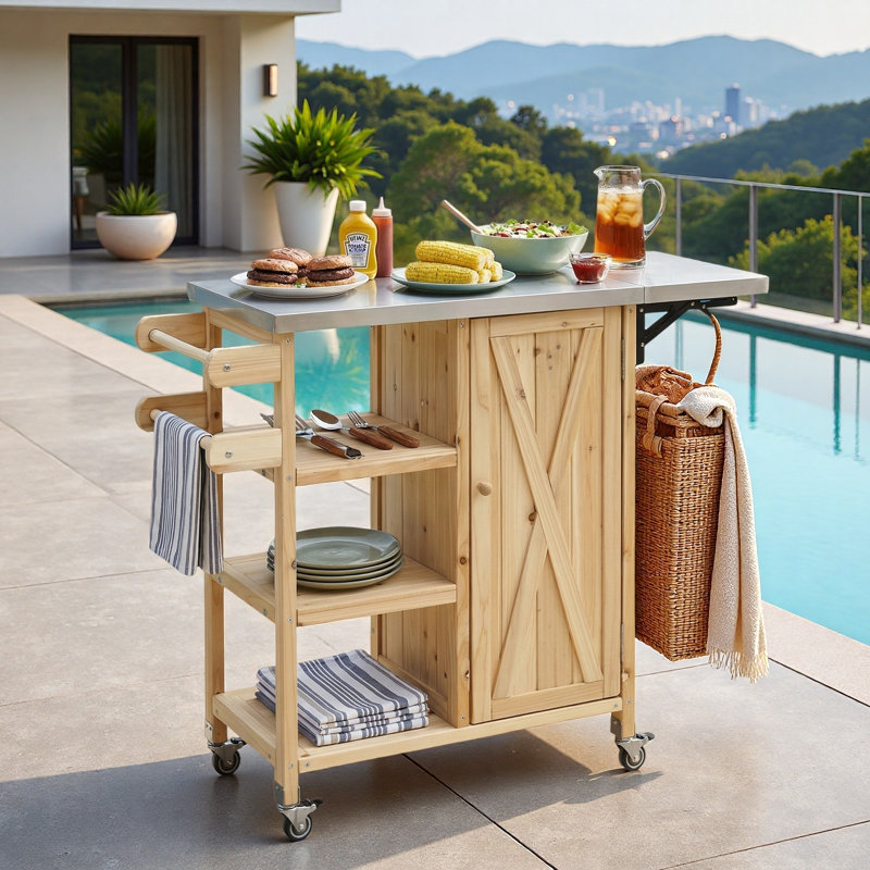 Îlot de cuisine extérieur pliable avec roulettes verrouillables, armoire de rangement et porte-serviettes, Naturel