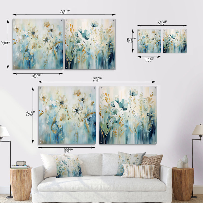 «Teal Orange Botanical Fragments I», ensemble de 2 verres muraux abstraits en acrylique, H 16 po x l 33 po