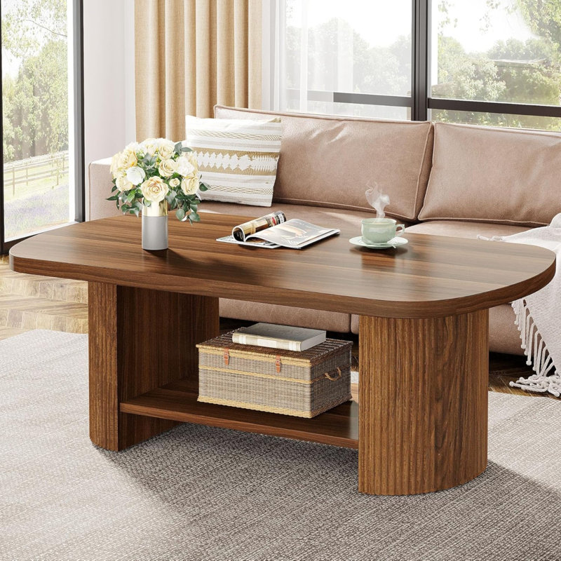 Table basse 45,27 po à 2 niveaux style rustique brun Mid-Century avec tablette de rangement pour le salon