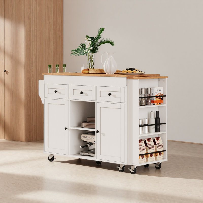 85.5" Kitchen Island With Extendable Dining Table, Kitchen Storage Table With 3 Side Open Shelves, Rolling Kitchen Island With Power Outlet, 3 Drawers, 2 Doors, For Kitchen, Dining Room