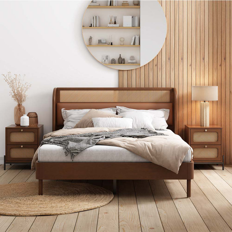 Ensemble de chambre à coucher 3 pièces avec grand lit plateforme en rotin et deux tables de chevet, Brun