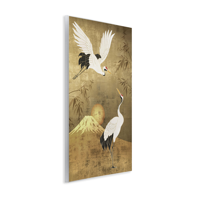 «Traditional Cranes & Mountain», art mural sur bois par Reinders, H 19 po x l 13 po