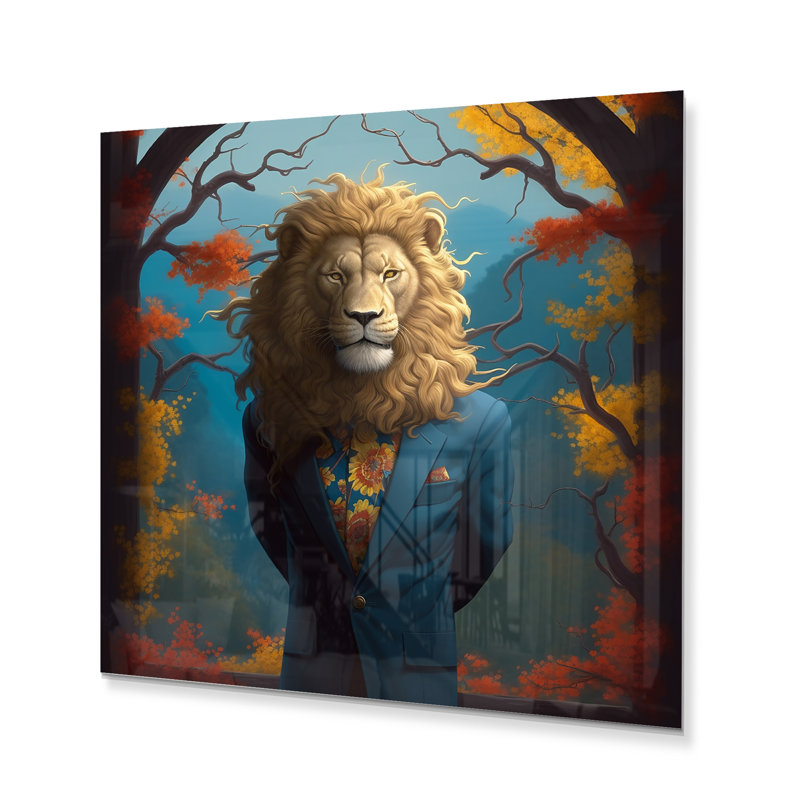 Décoration murale en métal jaune lion bleu en costume - animaux lion, H 16 po x l 16 po x P 1 po