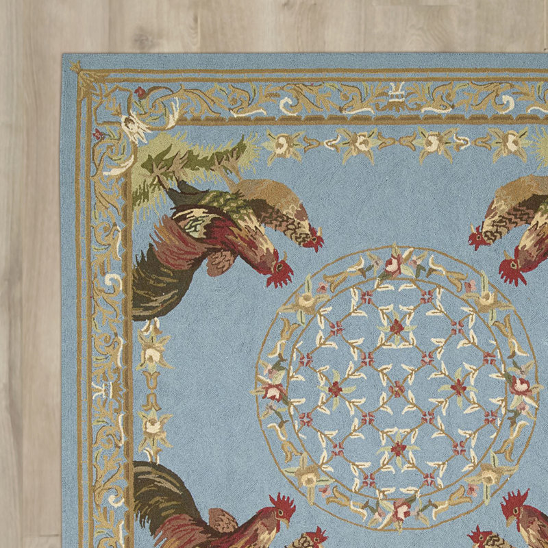 Tapis bleu / beige en laine crocheté à la main Brockton, Carré 8 pi