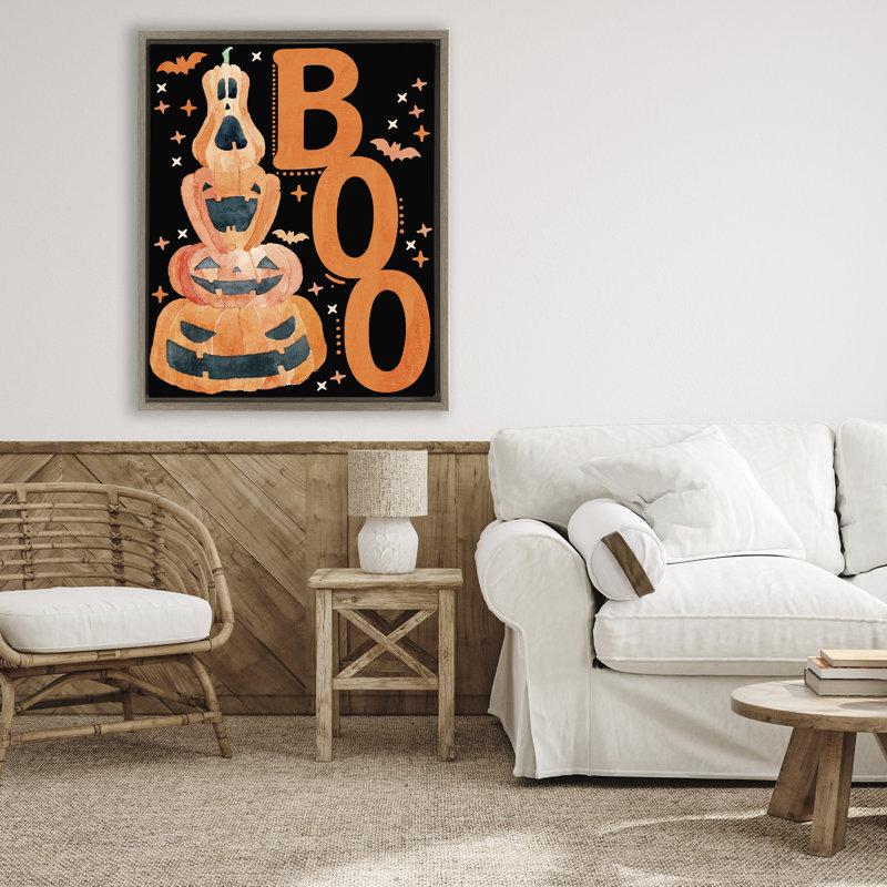 Boo avec cadre flottant fantaisiste Jack-o-Lanterns, design par Kim Allen, Cadre flottant orme Montalcino, H 31 po x l 25 po