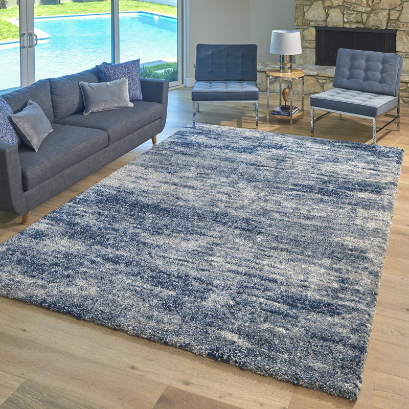 Chaise Kobuk Modern Abstract Navy/Blue/Ivory Plush Shag Area Rug, Rectangle 6'6" x 9'6"