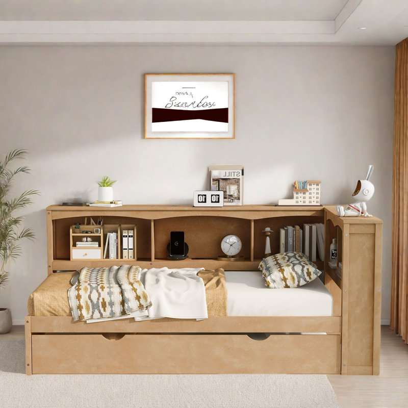 Lit de jour moderne avec lit gigogne, armoires de rangement et ports USB, Bois