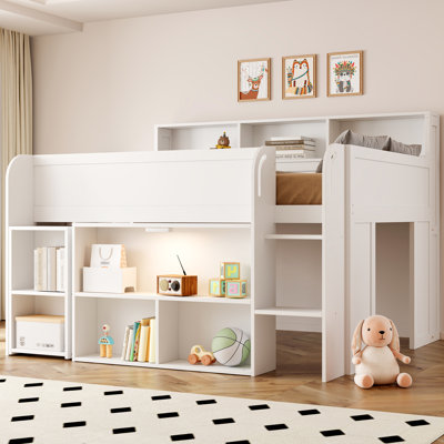 Lit mezzanine double en bois avec bureau, lumière DEL et plusieurs tablettes de rangement - structure en bois compacte, blanc