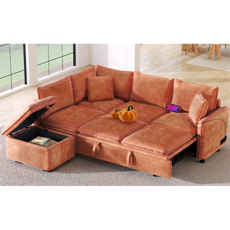 Canapé-lit modulaire convertible en L 82,67 po avec repose-pieds et rangement, Chenille orange