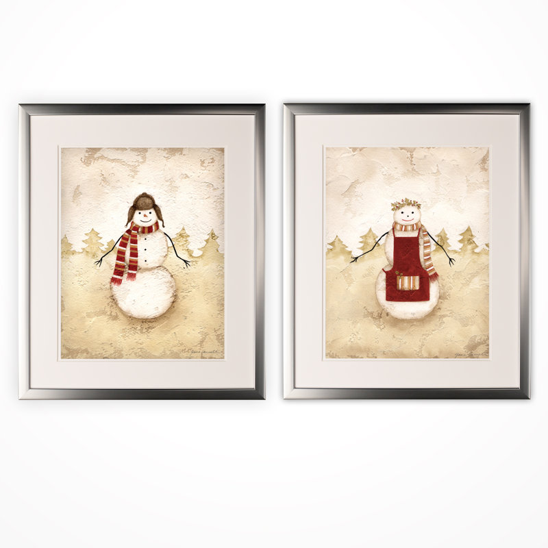 « bonhomme de neige », ensemble de 2 reproductions de peintures à l’acrylique encadrées, Cadre argenté
