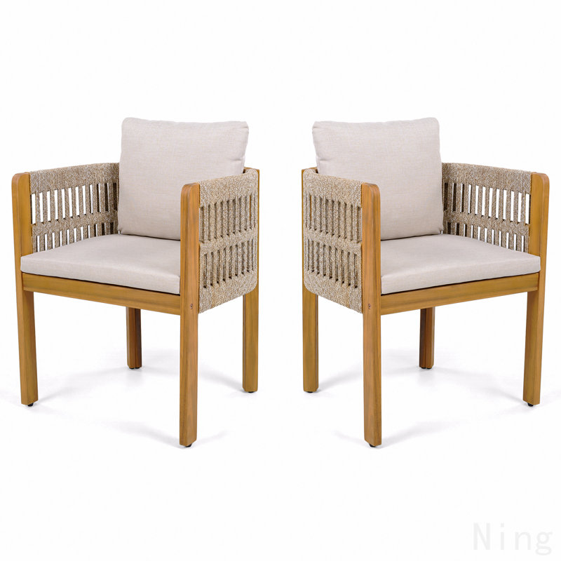 Ensemble de 2 chaises de salle à manger d'extérieur en bois d'acacia avec poignées en corde mixtes brunes, coussins lavables et imperméables beiges, capacité de 400 lb