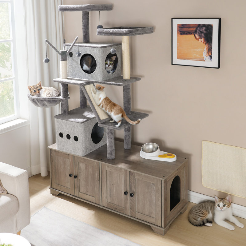 45.3"L x 68.9"H Cat Tree with Double Litter Box Enclosure