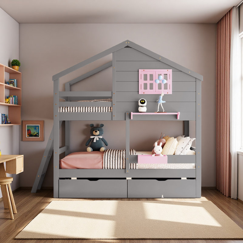 Lit superposé simple au-dessus de simple avec 2 tiroirs, 1 boîte de rangement, 1 tablette, fenêtre et toit, Gris / Rose 