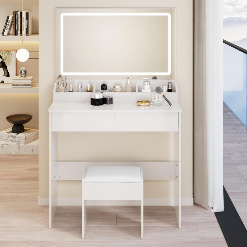 Ensemble de très grande coiffeuse à miroir 31 x 20 à DEL avec tabouret à coussin souple, interrupteur tactile, 3 couleurs d'éclairage, luminosité réglable et amplement de rangement pour les petits espaces