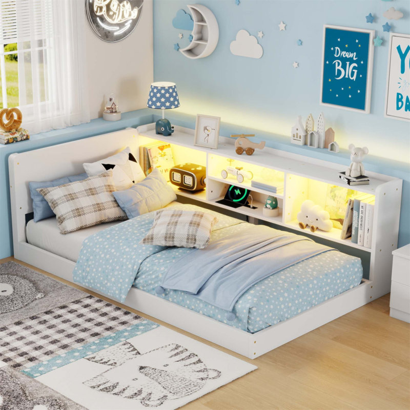 Base de lit en forme de L pour enfants, lit d'angle avec rangement latéral Montessori, station de charge et lumière DEL (sans matelas)