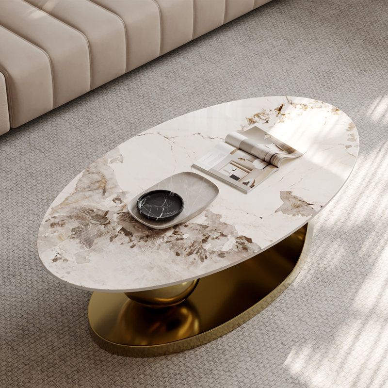 Luxury Oval Sintered Stone Coffee Table, 51.2" L x 27.5" W Marble Effect Tabletop with Polished Gold Stainless Steel Base & Spherical Accent, Modern Glam Centerpiece for Living Room, Stain-Resistant & Scratch-Proof