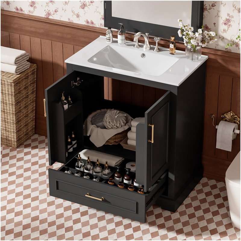 30" Bathroom Vanity With Sink, MDF And Wood Frame, 1 Divider Drawer And 2 Soft-Close Doors (Double Shelf On Door), Freestanding Vanity