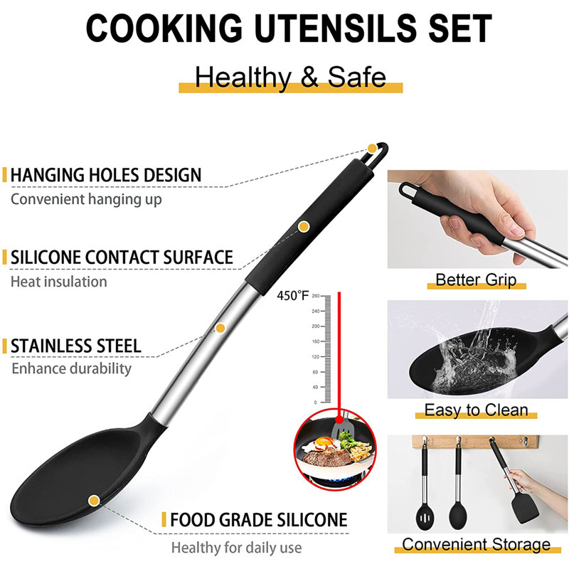 Ensemble d'ustensiles de cuisine en silicone, ensemble d'ustensiles de cuisine en acier inoxydable, résistant à la chaleur antiadhésif