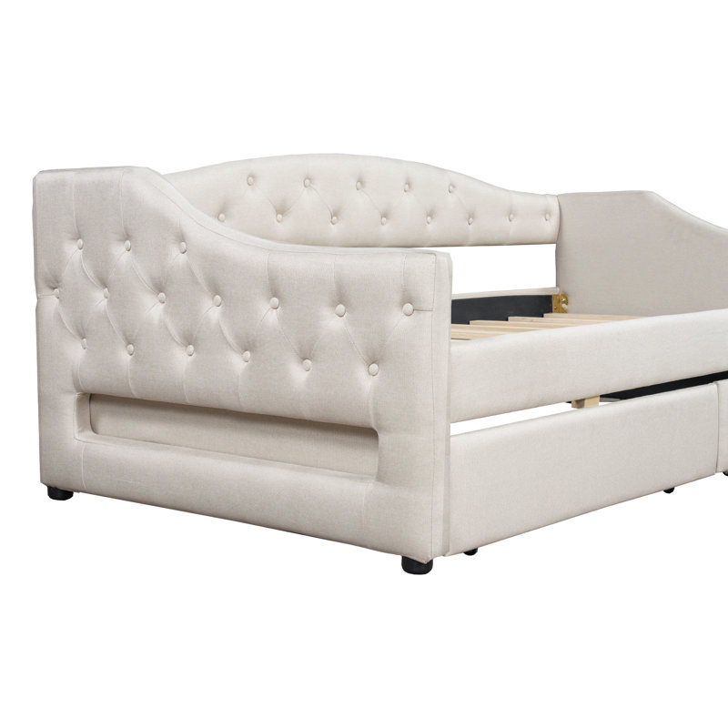 Beige Linen Upholstered Twin Xl Daybed With Led Lighting, 2 Drawers, And Wood Construction For Bedroom Upholstery, Belt, Support Mattress Longevity