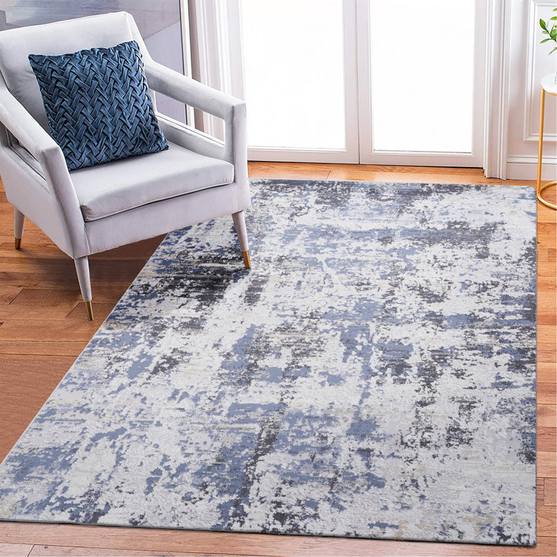 Grey / Denim / Abstract Runner Rug, Rectangle 7'9" x 10'