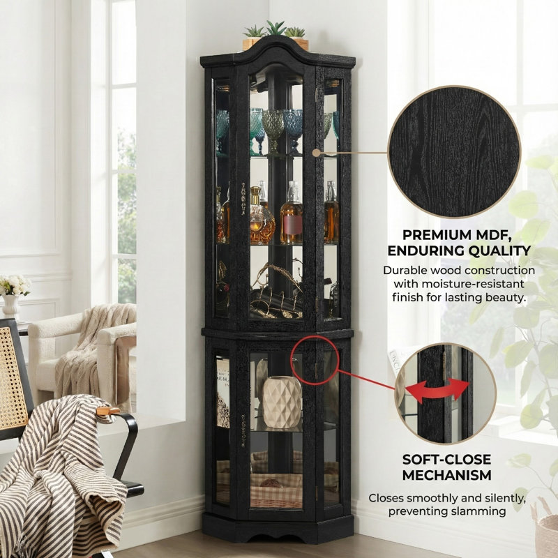 Vitrine de coin noire éclairée, Noir