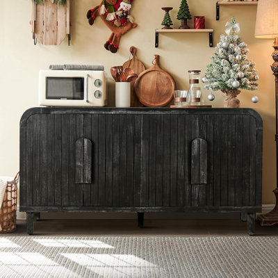 59'' Farmhouse Curved Vintage Storage Sideboard with Large Wooden Handles, Vertical Wood Grain Carving