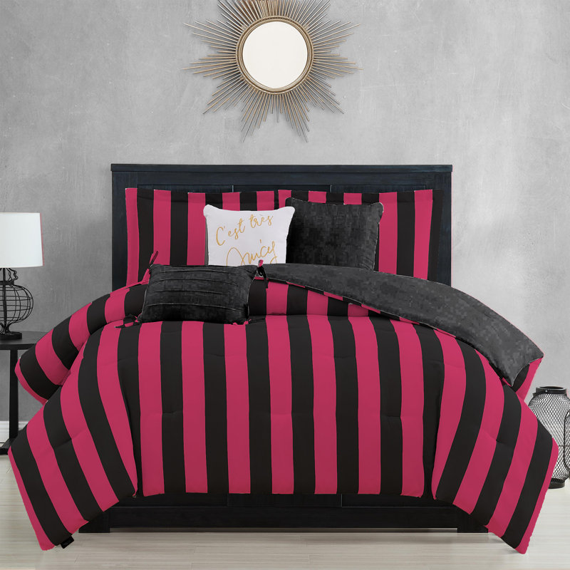 Juicy Couture Cabana Stripe Comforter Sets, King Comforter + 2 Shams + 3 Throw Pillows, Black/Hot Pink