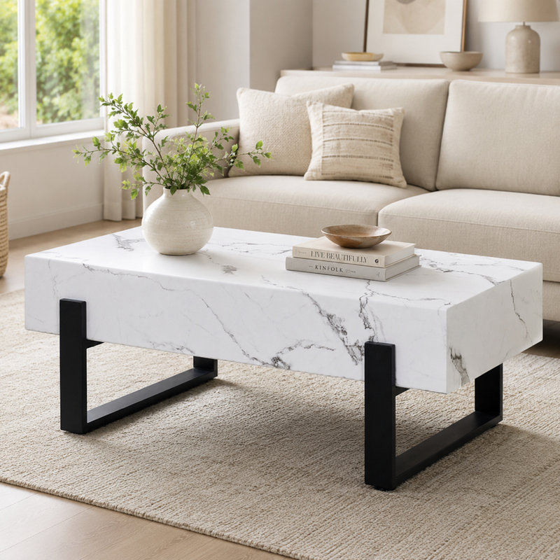 Table basse 47,2 "rectangulaire moderne en faux marbre avec pieds en métal, Gris, H 17,7 po x L 47,2 po x l 25,2 po