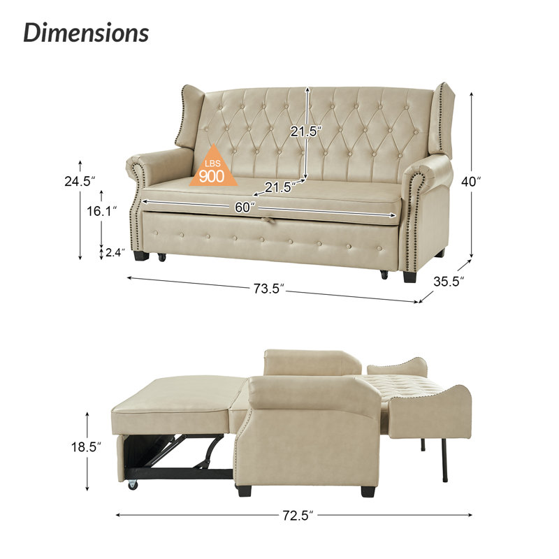 Atravion 73.5" W Vegan Leather Sofa Bed with Button-tufted Back, Beige