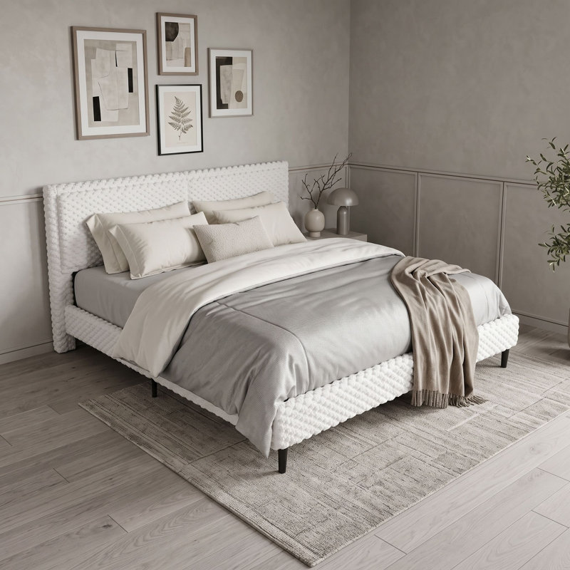 Lit plateforme tapissier avec tête de lit, Très grand lit, Blanc