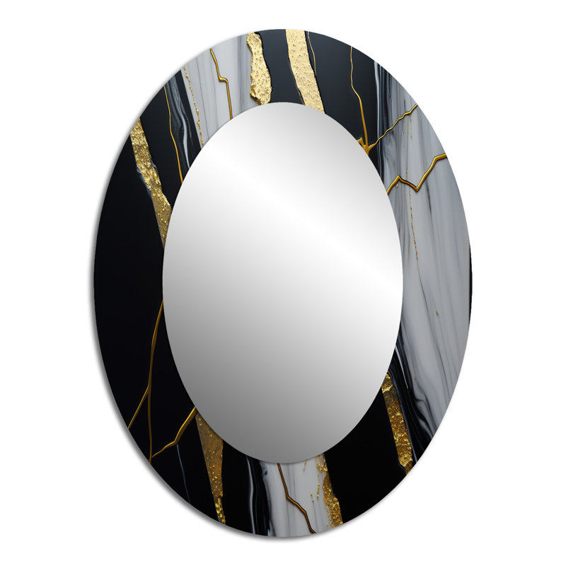 Abstrait Geode Black II - Grand miroir mural ovale sur métal, 40 po x 30 po