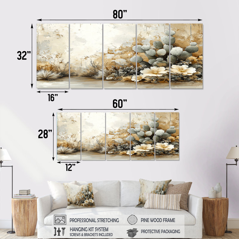 Minimaliste, cactus du désert, fleur I - Art mural floral cactus - ensemble d'art mural traditionnel, 5, H 32 po x l 80 po