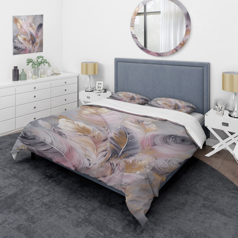 Ensemble de housse de couette rose en plumes roses Wanderlust, Housse de couette pour grand lit et 2 taies décor