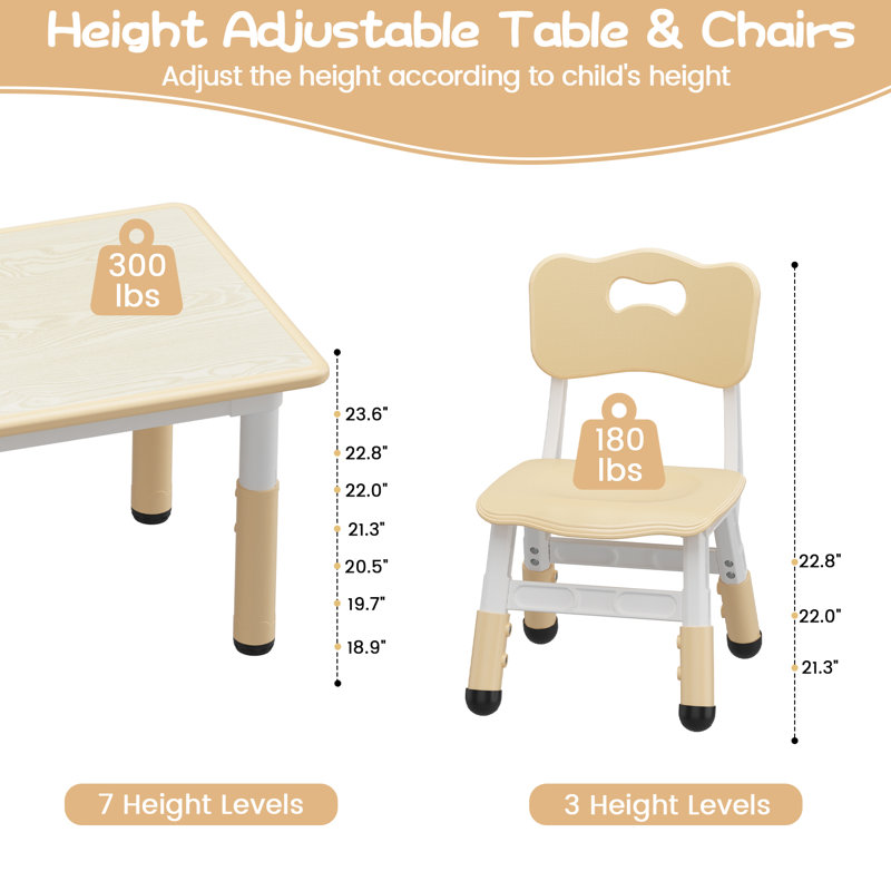 Kids 5 Piece Rectangular Play or Activity Table and Chair Set, Beige/Brown