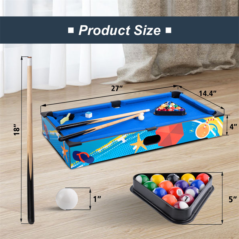 Mini-table de billard de 27 po avec petites boules de billard, queues de billard, support triangulaire, craie, brosse Raychee
