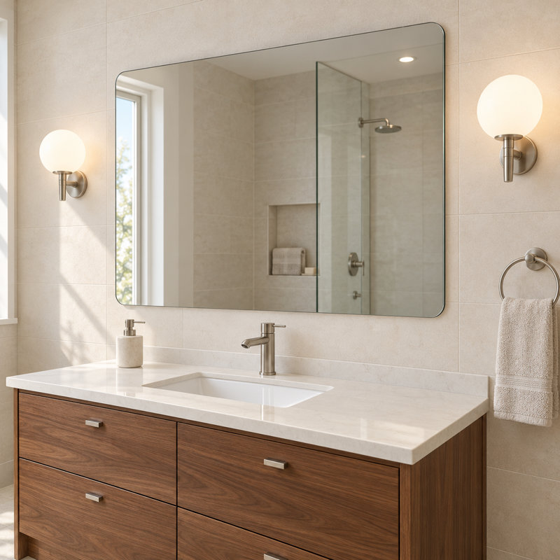 Frameless Rounded Corner Bathroom Vanity Mirror, 5mm Copper-Free Silver Glass with Safety Backing, Horizontal or Vertical Wall Mount
