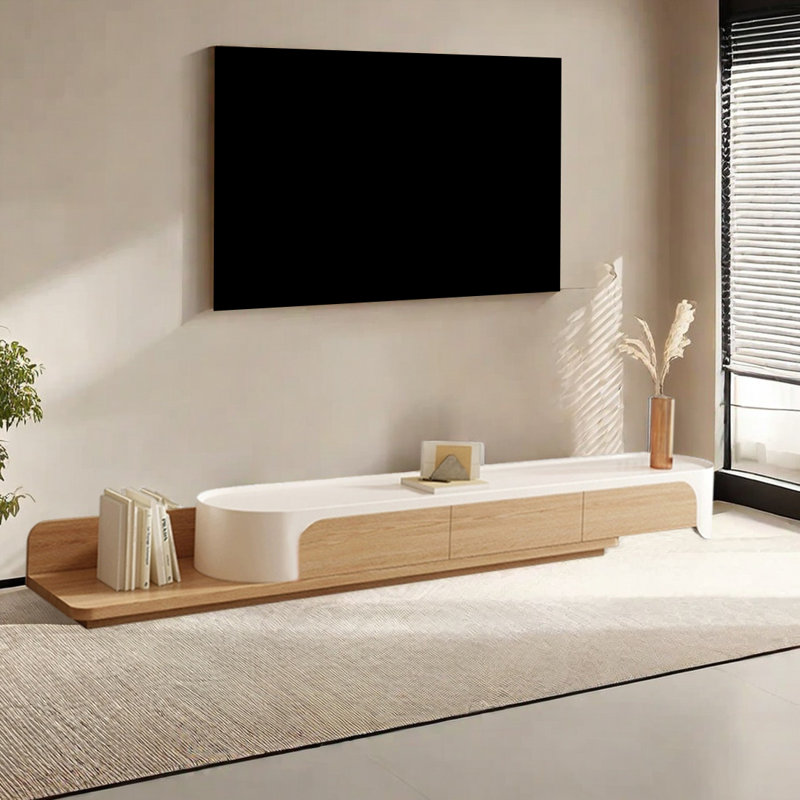 Meuble télé en bois rétractable, Blanc / bois noueux