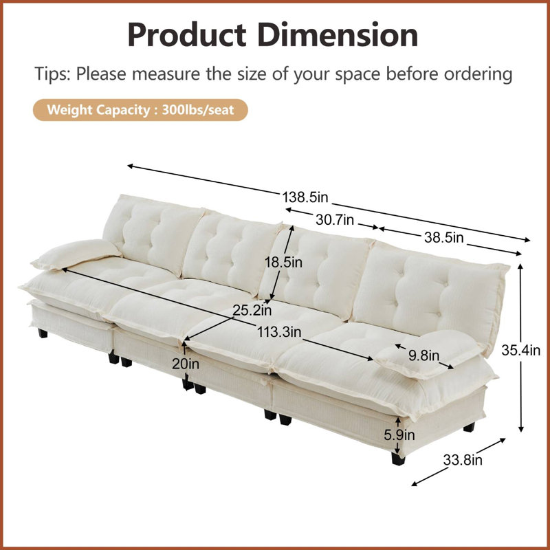 138" Upholstered Chenille Tufted Sectional, Beige
