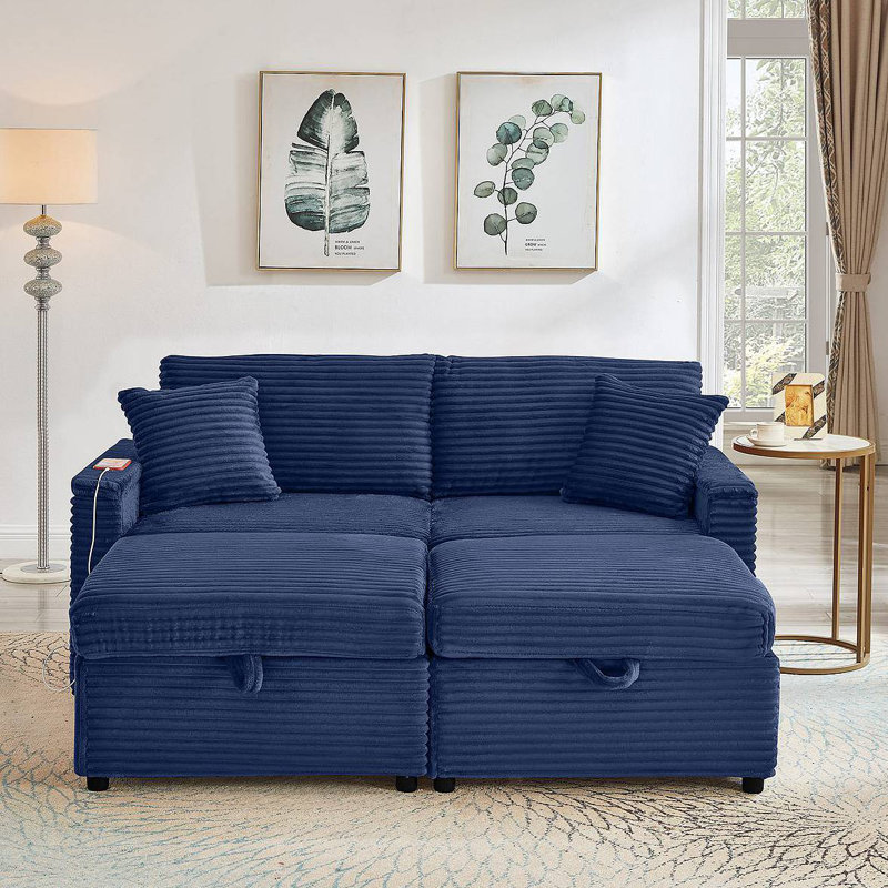Canapé confortable moelleux en velours côtelé, espace de rangement pour grande causeuse, méridienne super moelleuse avec repose-pieds double et table de bout