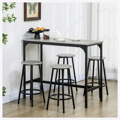 Ensemble de table de bar et de chaises Chumy 5 pièces, table de bar industrielle avec tabourets, table de cuisine et 4 tabourets de bar ronds avec structure en métal pour pub, salle à manger