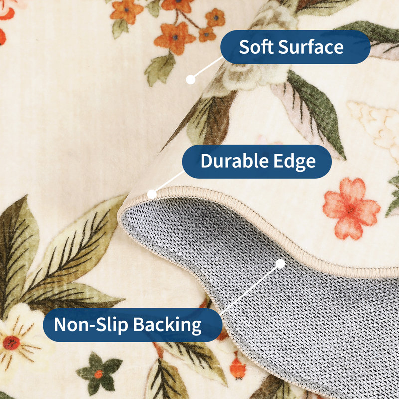 Scalloped Floral Peacock 8x10 Rug Washable Non Slip Nursery Rugs Farmhouse Area Rug for Bedroom Living Room Ultra Botanical Home Decor Carpet Mat Beige