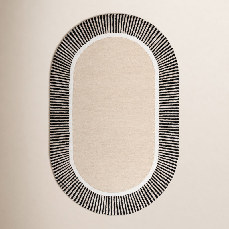Tapis rayé beige / noir en laine / viscose / coton 107 touffetés à la main, Ovale 3 pi x 5 pi