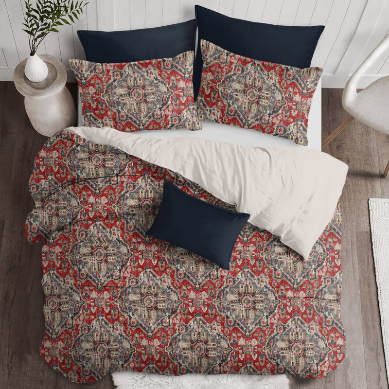 Tangier Red/Blue Linen Set Coverlet/Bedspread Set, California King Coverlet + 2 King Shams